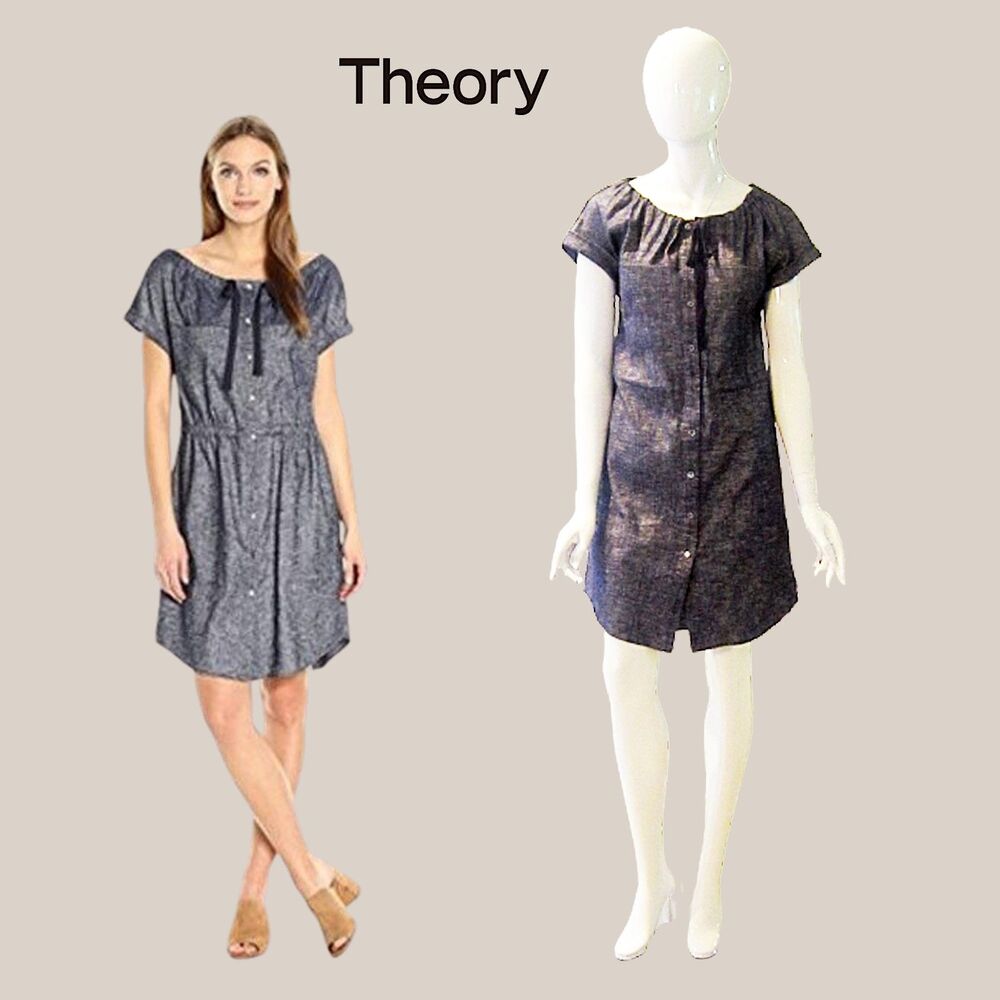 THEORY NEW LAELA Dark Denim Gathered Neck Shirt Dress 0
